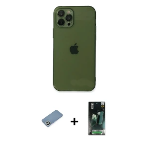 ieg™ iPhone 12 Pro Max Kılıf Ahenk Doku - Siyah 360 Mat Full Body Arka Koruyucu + Shine Kamera Lens Koruma Cam - GS