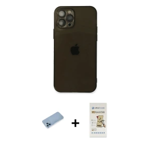 ieg™ iPhone 12 Pro Max Kılıf Ahenk Doku - Siyah Mat Seramik Nano Ekran Koruyucu + Shine Kamera Lens Koruma Cam - MI