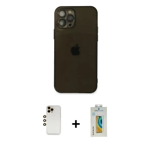 ieg™ iPhone 12 Pro Max Kılıf Ahenk Doku - Siyah Polymer Nano Ekran Koruyucu + Shine Kamera Lens - GD
