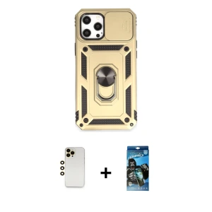 ieg™ iPhone 12 Pro Max Kılıf Ahenk Klasik - Siyah 34D Izgaralı Cam + Shine Kamera Lens - GD