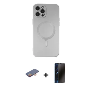 ieg™ iPhone 12 Pro Max Kılıf Akış Minimal Özel Seri - Siyah 3D Antistatik Hayalet Cam Ekran Koruyucu + Renkli Kamera Lens Koruma Cam - TU