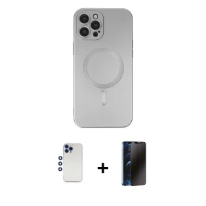 ieg™ iPhone 12 Pro Max Kılıf Akış Minimal Özel Seri - Siyah 3D Antistatik Hayalet Cam Ekran Koruyucu + Shine Kamera Lens - LT