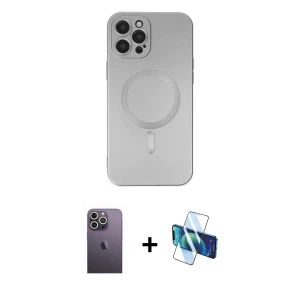 ieg™ iPhone 12 Pro Max Kılıf Akış Minimal Özel Seri - Siyah 3D Antistatik Seramik Nano Ekran Koruyucu + Neon Fosforlu Kamera Lens - BZ