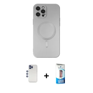 ieg™ iPhone 12 Pro Max Kılıf Akış Minimal Özel Seri - Siyah 5D Eko Cam Ekran Koruyucu + Shine Kamera Lens - LT