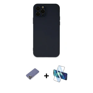 ieg™ iPhone 12 Pro Max Kılıf Çekirdek Modern Serisi - Siyah 3D Antistatik Seramik Nano Ekran Koruyucu + Metal Kamera Lens Koruma Cam - GD