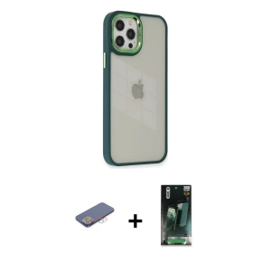 ieg™ iPhone 12 Pro Max Kılıf Eksen Doku Prime - Şeffaf 360 Full Body Arka Koruyucu + Renkli Kamera Lens Koruma Cam - PE