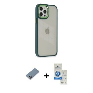 ieg™ iPhone 12 Pro Max Kılıf Eksen Doku Prime - Şeffaf Royal Nano Ekran Koruyucu + Metal Kamera Lens Koruma Cam - SH