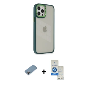ieg™ iPhone 12 Pro Max Kılıf Eksen Doku Prime - Şeffaf Royal Nano Ekran Koruyucu + Shine Kamera Lens Koruma Cam - GI