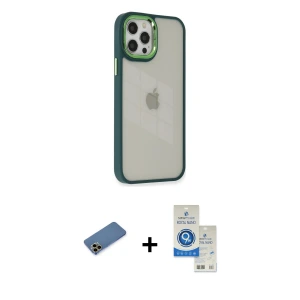 ieg™ iPhone 12 Pro Max Kılıf Eksen Doku Prime - Şeffaf Royal Nano Ekran Koruyucu + Shine Kamera Lens Koruma Cam - GD