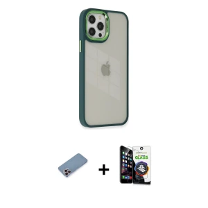 ieg™ iPhone 12 Pro Max Kılıf Eksen Doku Prime - Şeffaf Temperli Cam Ekran Koruyucu + Shine Kamera Lens Koruma Cam - PE