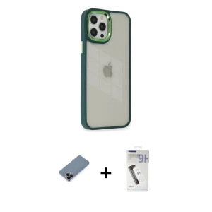ieg™ iPhone 12 Pro Max Kılıf Eksen Doku Prime - Şeffaf Uv Polymer Nano Ekran Koruyucu + Metal Kamera Lens Koruma Cam - SH