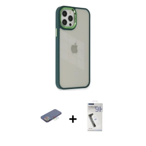 ieg™ iPhone 12 Pro Max Kılıf Eksen Doku Prime - Şeffaf Uv Polymer Nano Ekran Koruyucu + Renkli Kamera Lens Koruma Cam - MI
