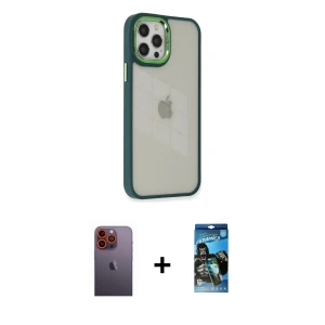 ieg™ iPhone 12 Pro Max Kılıf Eksen Doku Prime - Siyah 34D Izgaralı Cam + Neon Fosforlu Kamera Lens - TU