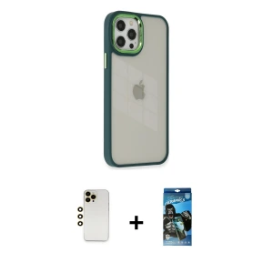ieg™ iPhone 12 Pro Max Kılıf Eksen Doku Prime - Siyah 34D Izgaralı Cam + Shine Kamera Lens - GD