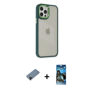 ieg™ iPhone 12 Pro Max Kılıf Eksen Doku Prime - Siyah 34D Izgaralı Cam + Shine Kamera Lens Koruma Cam - SH