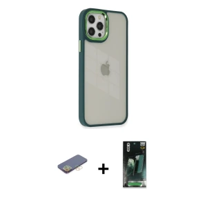 ieg™ iPhone 12 Pro Max Kılıf Eksen Doku Prime - Siyah 360 Mat Full Body Arka Koruyucu + Renkli Kamera Lens Koruma Cam - SI