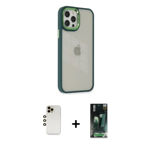ieg™ iPhone 12 Pro Max Kılıf Eksen Doku Prime - Siyah 360 Mat Full Body Arka Koruyucu + Shine Kamera Lens - GD