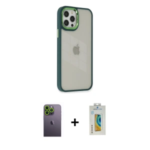 ieg™ iPhone 12 Pro Max Kılıf Eksen Doku Prime - Siyah Polymer Nano Ekran Koruyucu + Neon Fosforlu Kamera Lens - YL