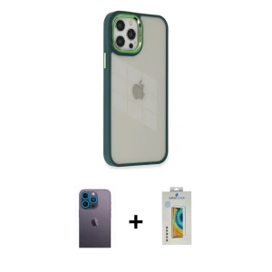 ieg™ iPhone 12 Pro Max Kılıf Eksen Doku Prime - Siyah Polymer Nano Ekran Koruyucu + Neon Fosforlu Kamera Lens - MI