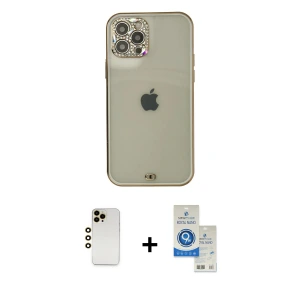 ieg™ iPhone 12 Pro Max Kılıf Eksen Minimal Koleksiyonu - Şeffaf Royal Nano Ekran Koruyucu + Shine Kamera Lens - GD