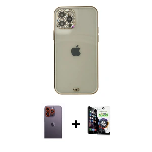 ieg™ iPhone 12 Pro Max Kılıf Eksen Minimal Koleksiyonu - Şeffaf Temperli Cam Ekran Koruyucu + Neon Fosforlu Kamera Lens - TU
