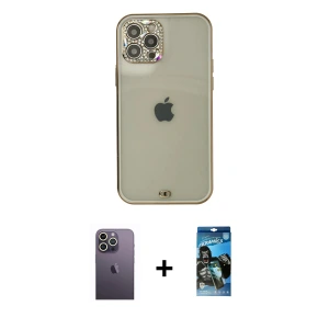 ieg™ iPhone 12 Pro Max Kılıf Eksen Minimal Koleksiyonu - Siyah 34D Izgaralı Cam + Neon Fosforlu Kamera Lens - BZ