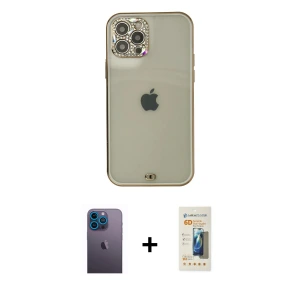 ieg™ iPhone 12 Pro Max Kılıf Eksen Minimal Koleksiyonu - Siyah 6D Mat Seramik Hayalet Nano Ekran Koruyucu + Neon Fosforlu Kamera Lens - MI