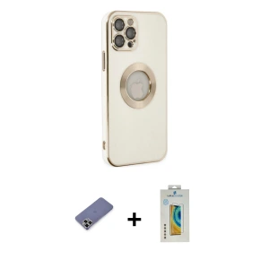 ieg™ iPhone 12 Pro Max Kılıf İz Form Serisi - Siyah Polymer Nano Ekran Koruyucu + Metal Kamera Lens Koruma Cam - GD