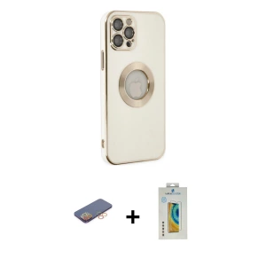 ieg™ iPhone 12 Pro Max Kılıf İz Form Serisi - Siyah Polymer Nano Ekran Koruyucu + Renkli Kamera Lens Koruma Cam - TU