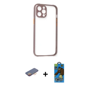 ieg™ iPhone 12 Pro Max Kılıf Nova Asil Özel Seri - Siyah 18D Cam Ekran Koruyucu + Renkli Kamera Lens Koruma Cam - TU