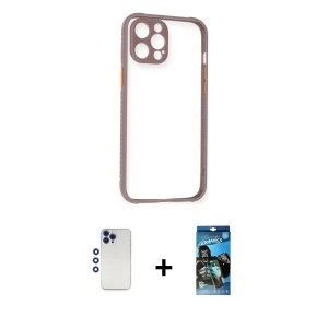 ieg™ iPhone 12 Pro Max Kılıf Nova Asil Özel Seri - Siyah 34D Izgaralı Cam + Shine Kamera Lens - LT