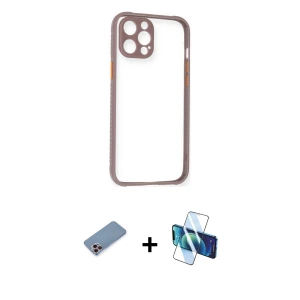 ieg™ iPhone 12 Pro Max Kılıf Nova Asil Özel Seri - Siyah 3D Antistatik Cam Ekran Koruyucu + Shine Kamera Lens Koruma Cam - PE