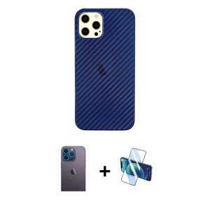 ieg™ iPhone 12 Pro Max Kılıf Nova Çizgi - Siyah 3D Antistatik Seramik Nano Ekran Koruyucu + Neon Fosforlu Kamera Lens - MI