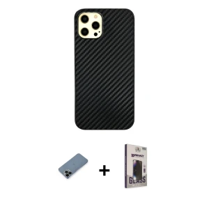ieg™ iPhone 12 Pro Max Kılıf Nova Çizgi - Siyah Bilvis Hayalet Cam Ekran Koruyucu + Shine Kamera Lens Koruma Cam - SH