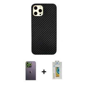 ieg™ iPhone 12 Pro Max Kılıf Nova Çizgi - Siyah Polymer Nano Ekran Koruyucu + Neon Fosforlu Kamera Lens - YL