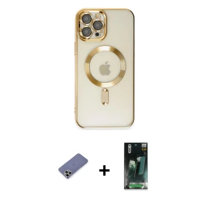ieg™ iPhone 12 Pro Max Kılıf Nova Işık Özel Seri - Şeffaf 360 Full Body Arka Koruyucu + Metal Kamera Lens Koruma Cam - GD