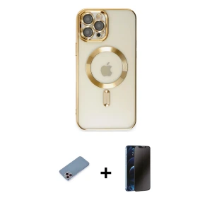 ieg™ iPhone 12 Pro Max Kılıf Nova Işık Özel Seri - Siyah 3D Antistatik Hayalet Cam Ekran Koruyucu + Shine Kamera Lens Koruma Cam - PE