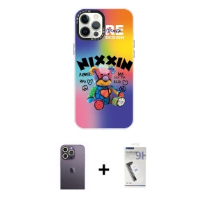 ieg™ iPhone 12 Pro Max Kılıf Siluet Çizgi Koleksiyonu - Şeffaf Uv Polymer Nano Ekran Koruyucu + Neon Fosforlu Kamera Lens - BZ