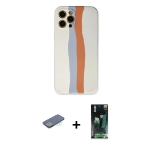 ieg™ iPhone 12 Pro Max Kılıf Yadigar Çizgi - Şeffaf 360 Full Body Arka Koruyucu + Renkli Kamera Lens Koruma Cam - YL