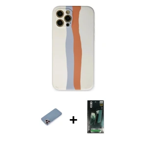 ieg™ iPhone 12 Pro Max Kılıf Yadigar Çizgi - Şeffaf 360 Full Body Arka Koruyucu + Shine Kamera Lens Koruma Cam - PE