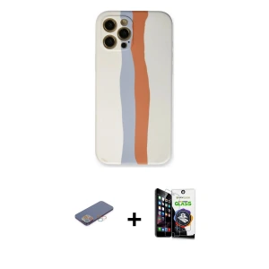ieg™ iPhone 12 Pro Max Kılıf Yadigar Çizgi - Şeffaf Temperli Cam Ekran Koruyucu + Renkli Kamera Lens Koruma Cam - PE