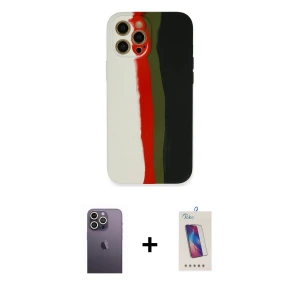 ieg™ iPhone 12 Pro Max Kılıf Yadigar Çizgi - Siyah Joko 5D Cam + Neon Fosforlu Kamera Lens - BZ