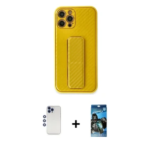 ieg™ iPhone 12 Pro Max Kılıf Yörünge Yansıma - Siyah 34D Izgaralı Cam + Shine Kamera Lens - LT