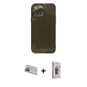ieg™ iPhone 13 Pro Max Kılıf Ahenk Doku - Siyah Bilvis 3D Cam Ekran Koruyucu + Rainbow Kamera Lens Koruma Cam - MR