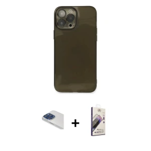 ieg™ iPhone 13 Pro Max Kılıf Ahenk Doku - Siyah Bilvis 3D Mat Cam Ekran Koruyucu + Pers Alüminyum Kamera Lens - LT