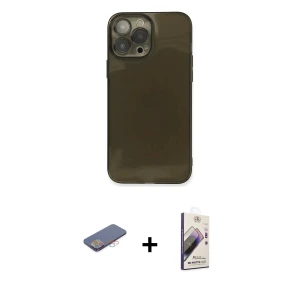 ieg™ iPhone 13 Pro Max Kılıf Ahenk Doku - Siyah Bilvis 3D Mat Cam Ekran Koruyucu + Renkli Kamera Lens Koruma Cam - PE