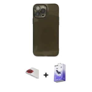 ieg™ iPhone 13 Pro Max Kılıf Ahenk Doku - Siyah Bilvis 5in1 5D Magic Hayalet Cam Ekran Koruyucu + Pers Alüminyum Kamera Lens - KI