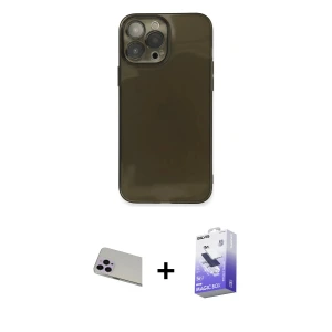 ieg™ iPhone 13 Pro Max Kılıf Ahenk Doku - Siyah Bilvis 5in1 5D Magic Hayalet Cam Ekran Koruyucu + Rainbow Kamera Lens Koruma Cam - MR