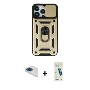 ieg™ iPhone 13 Pro Max Kılıf Ahenk Klasik - Şeffaf Pasifik Cam Ekran Koruyucu + Pers Alüminyum Kamera Lens - LT