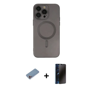 ieg™ iPhone 13 Pro Max Kılıf Akış Minimal Özel Seri - Siyah 3D Antistatik Hayalet Cam Ekran Koruyucu + Shine Kamera Lens Koruma Cam - PE